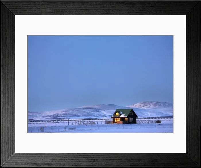 Framed Print : Winter landscape at dusk showing lone cabin bathed in evening sunlight, near Seljalandsfoss Framed Print : Winter landscape at dusk showing lone cabin bathed in evening sunlight, near Seljalandsfoss