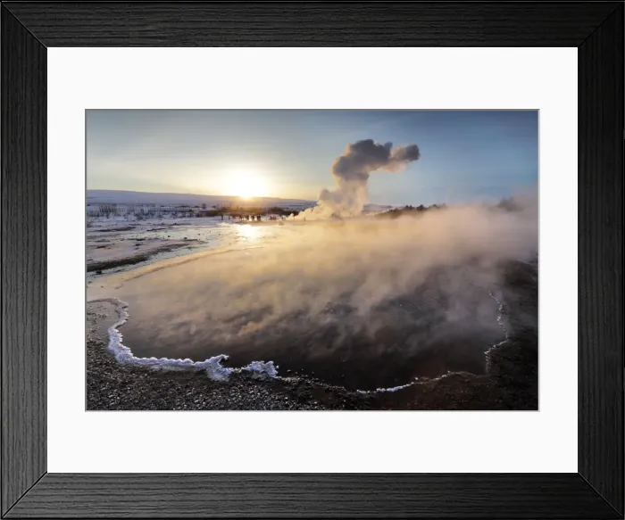 Framed Print : Hot pools and steam from Strokkur Geysir at sunrise, winter, at geothermal area beside Framed Print : Hot pools and steam from Strokkur Geysir at sunrise, winter, at geothermal area beside