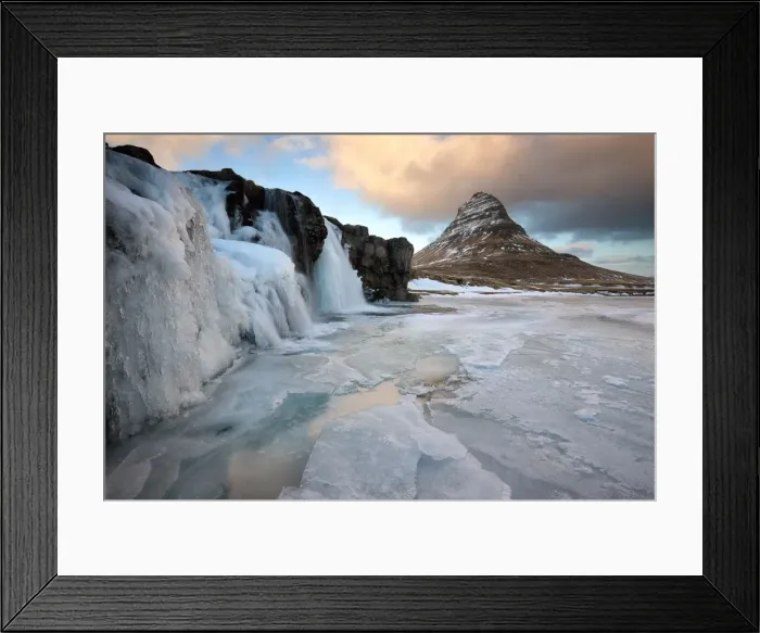Framed Print : Kirkjufell (Church Mountain) in winter, with frozen waterfall, near Grundafjordur Framed Print : Kirkjufell (Church Mountain) in winter, with frozen waterfall, near Grundafjordur