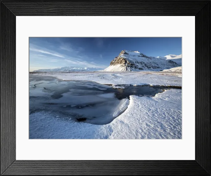 Framed Print : Snow covered landscape in winter with frozen pool, mountain and Vatnajokull Glacier Framed Print : Snow covered landscape in winter with frozen pool, mountain and Vatnajokull Glacier