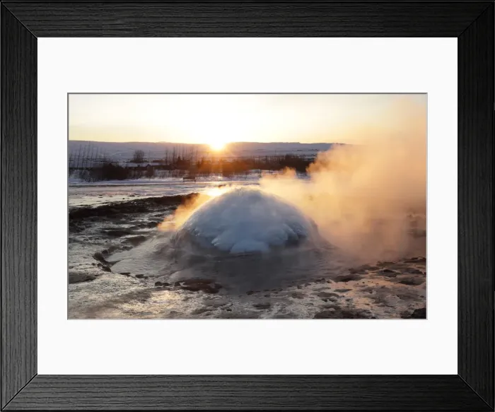 Framed Print : Strokkur Geysir erupting at sunrise during winter, geothermal area beside the Hvita River Framed Print : Strokkur Geysir erupting at sunrise during winter, geothermal area beside the Hvita River