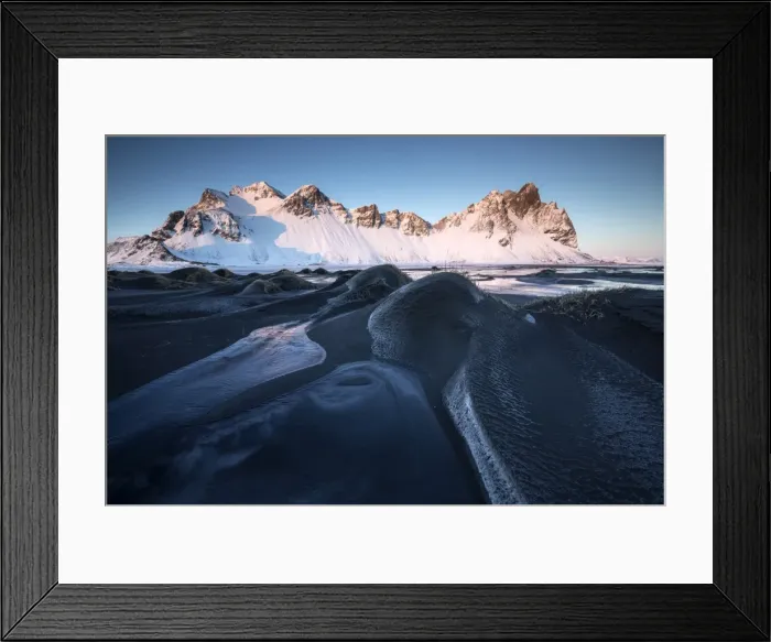 Framed Print : Frozen winter landscape at dusk with Vestrahorn mountains in distance, Stokksnes Framed Print : Frozen winter landscape at dusk with Vestrahorn mountains in distance, Stokksnes