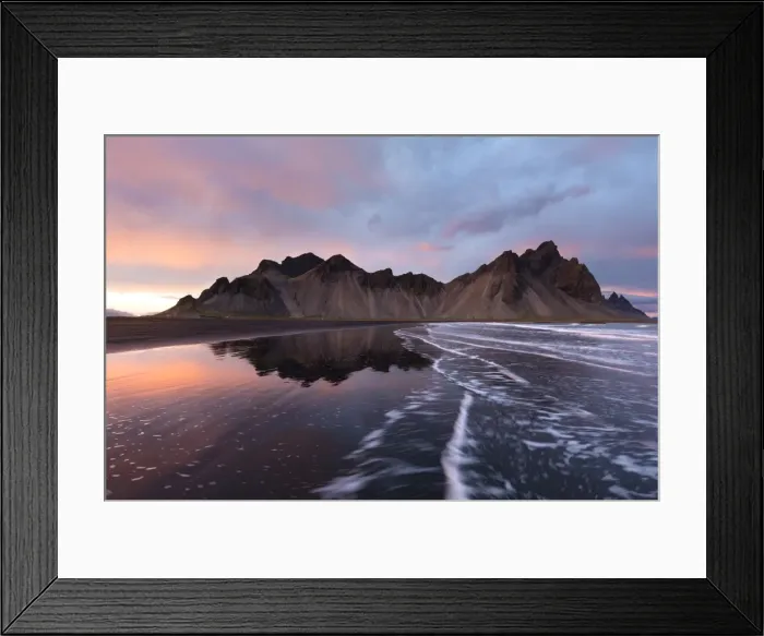 Framed Print : View of the mountains of Vestrahorn from black volcanic sand beach at sunset, Stokksnes Framed Print : View of the mountains of Vestrahorn from black volcanic sand beach at sunset, Stokksnes