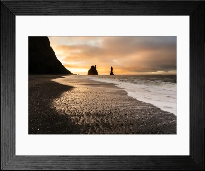 Framed Print : Rock stacks of Reynisdrangar at sunrise, from Halsanefs Hellir Beach near Vik, South Iceland Framed Print : Rock stacks of Reynisdrangar at sunrise, from Halsanefs Hellir Beach near Vik, South Iceland