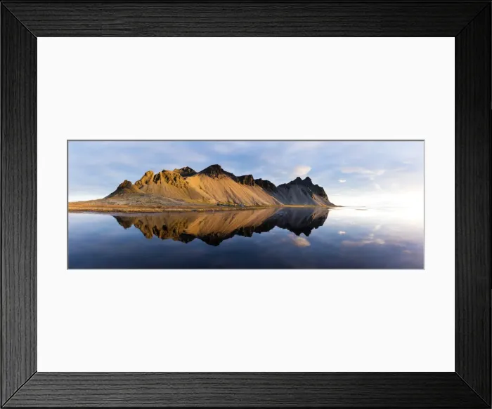 Framed Print : Panoramic view of mountains of Vestrahorn and perfect reflection in shallow water Framed Print : Panoramic view of mountains of Vestrahorn and perfect reflection in shallow water