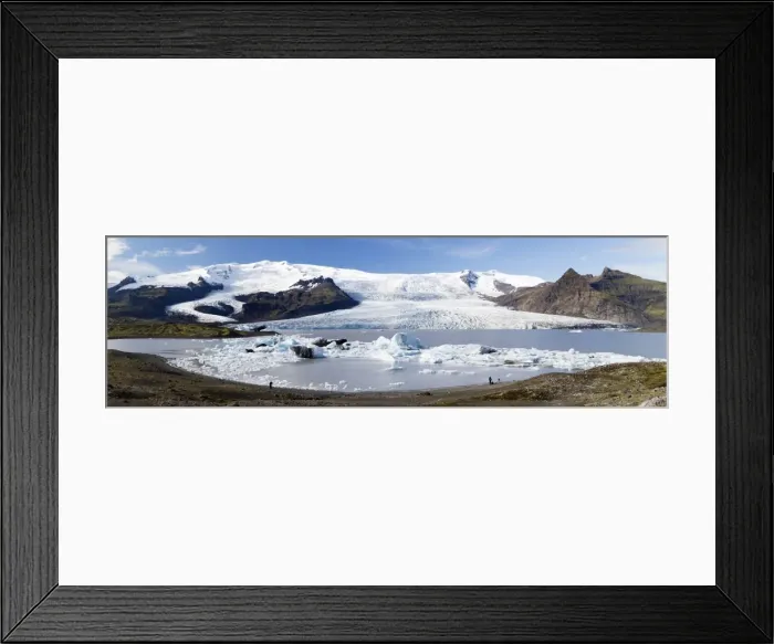 Framed Print : Panoramic view of tongue of the Vatnajokull Glacier creeping between mountains towards Framed Print : Panoramic view of tongue of the Vatnajokull Glacier creeping between mountains towards