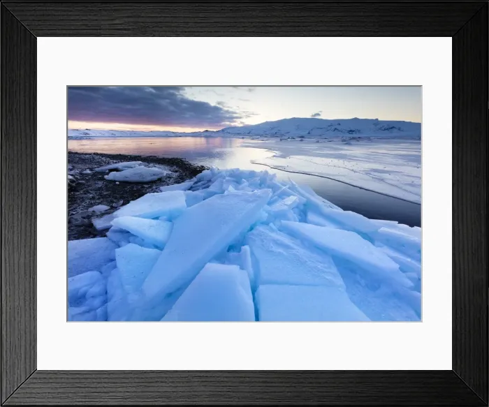 Framed Print : Sunset over frozen Jokulsarlon Glacial Lagoon in winter, South Iceland, Polar Regions Framed Print : Sunset over frozen Jokulsarlon Glacial Lagoon in winter, South Iceland, Polar Regions