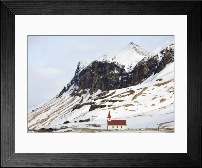 Framed Print : Red and white church against snow covered mountains, Vik, South Iceland, Polar Regions Framed Print : Red and white church against snow covered mountains, Vik, South Iceland, Polar Regions