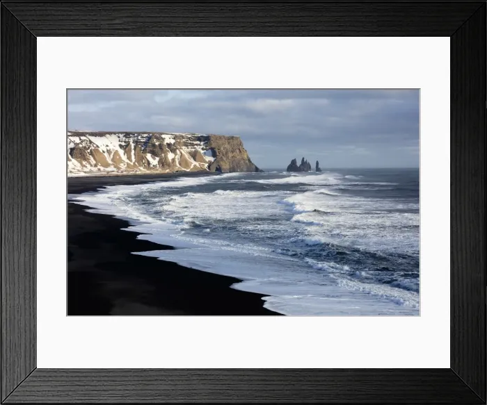 Framed Print : Winter view across the North Atlantic from Dyrholaey towards Reynisdrangar, near Vik Framed Print : Winter view across the North Atlantic from Dyrholaey towards Reynisdrangar, near Vik
