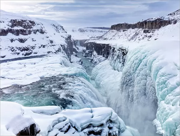 Gullfoss Waterfall, partly frozen in winter, Gullfoss, Iceland, Polar Regions