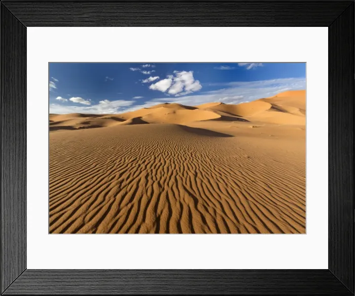 Framed Print : Wide angle view of the ripples and dunes of the Erg Chebbi Sand sea, part of Framed Print : Wide angle view of the ripples and dunes of the Erg Chebbi Sand sea, part of