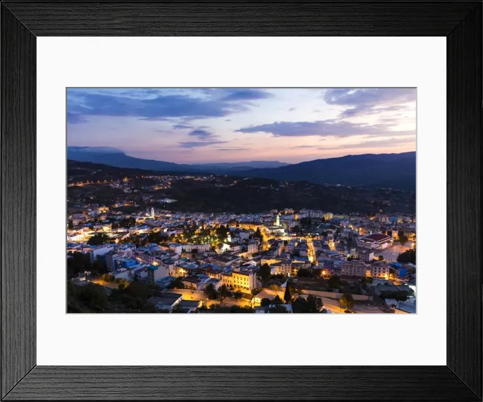 Framed Print : Twilight view over Chefchaouen (Chaouen) (The Blue City), Morocco, North Africa, Africa Framed Print : Twilight view over Chefchaouen (Chaouen) (The Blue City), Morocco, North Africa, Africa