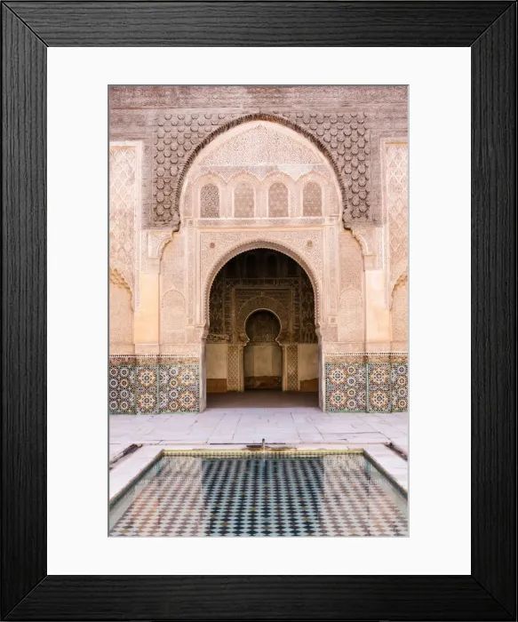 Framed Print : Wall of Ben Youssef Madrasa (ancient Islamic college) with reflection in pool of water Framed Print : Wall of Ben Youssef Madrasa (ancient Islamic college) with reflection in pool of water