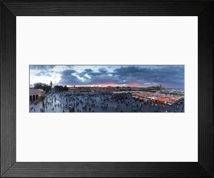 Framed Print : Panoramic view over the Djemaa el Fna at sunset showing Koutoubia Minaret, food stalls Framed Print : Panoramic view over the Djemaa el Fna at sunset showing Koutoubia Minaret, food stalls