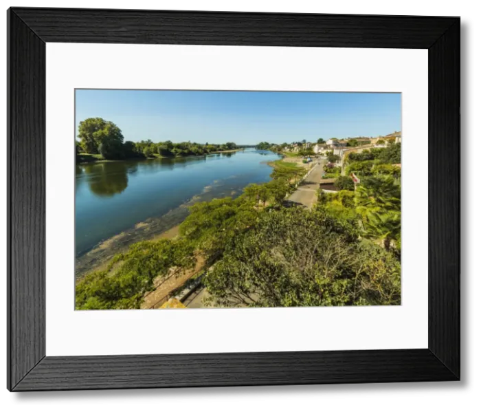 Framed Print : View northwest along the River Lot bank at this large town with a historic bastide centre Framed Print : View northwest along the River Lot bank at this large town with a historic bastide centre
