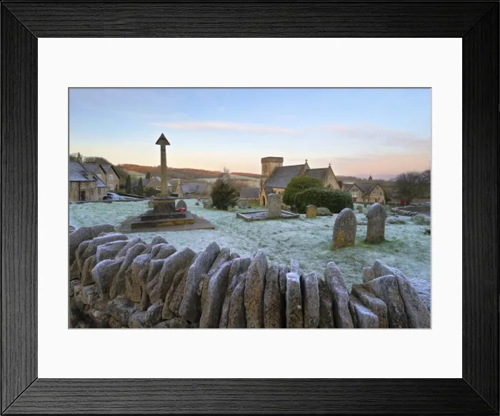 Framed Print : St. Barnabas church and Cotswold village in frost, Snowshill, Cotswolds, Gloucestershire Framed Print : St. Barnabas church and Cotswold village in frost, Snowshill, Cotswolds, Gloucestershire