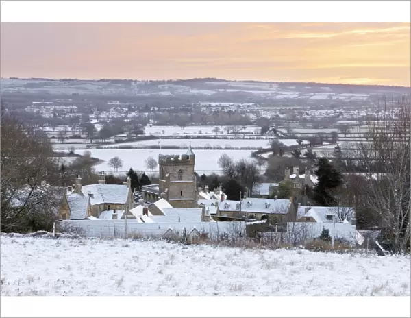 Cotswold village and landscape in snow at sunrise, Bourton-on-the-Hill, Cotswolds