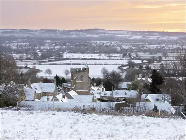 Cotswold village and landscape in snow at sunrise, Bourton-on-the-Hill, Cotswolds