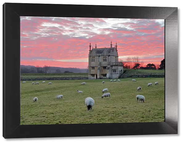 Banqueting House of Campden House and sheep at sunset, Chipping Campden, Cotswolds