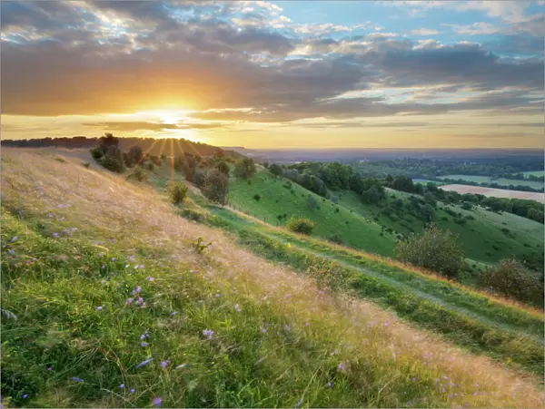 Sunset over Iron-Age hill fort of Beacon Hill, near Highclere, Hampshire, England