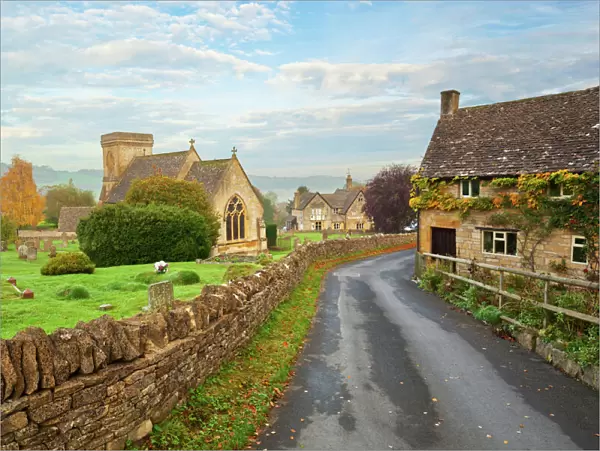 St. Barnabas church and Cotswold village in autumn, Snowshill, Cotswolds, Gloucestershire