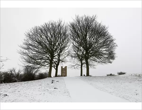 Broadway Tower framed by bare trees in snow, Broadway, Cotswolds, Worcestershire