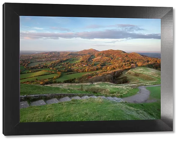 Iron-age British Camp hill fort and the Malvern Hills in autumn, Great Malvern, Worcestershire