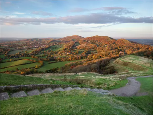 Iron-age British Camp hill fort and the Malvern Hills in autumn, Great Malvern, Worcestershire