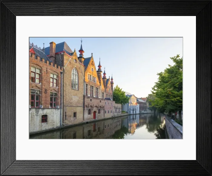 Framed Print : Brugse Vrije and buildings along the Groenerei canal at dusk, Bruges (Brugge), West Flanders Framed Print : Brugse Vrije and buildings along the Groenerei canal at dusk, Bruges (Brugge), West Flanders