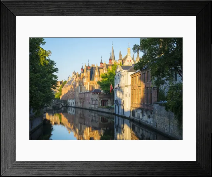 Framed Print : Brugse Vrije and buildings along the Groenerei canal at dawn, Bruges (Brugge), West Flanders Framed Print : Brugse Vrije and buildings along the Groenerei canal at dawn, Bruges (Brugge), West Flanders