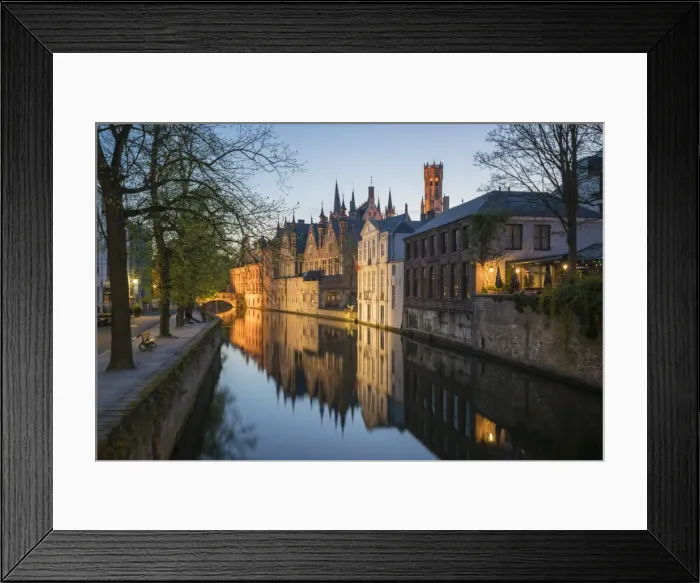 Framed Print : Houses and bridge reflected in the Groenerei canal at dusk, Bruges, West Flanders province Framed Print : Houses and bridge reflected in the Groenerei canal at dusk, Bruges, West Flanders province