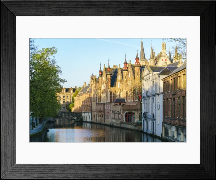 Framed Print : Houses and bridge reflections on Groenerei canal in the morning, Bruges, West Flanders province Framed Print : Houses and bridge reflections on Groenerei canal in the morning, Bruges, West Flanders province