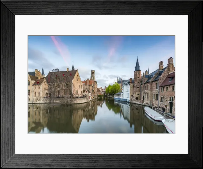 Framed Print : House reflections and boats on Dijver canal at dawn, Bruges, West Flanders province
