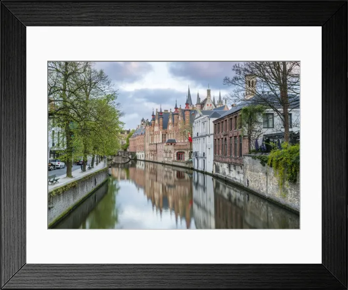 Framed Print : Houses and bridge reflected in the Groenerei canal, Bruges, West Flanders province Framed Print : Houses and bridge reflected in the Groenerei canal, Bruges, West Flanders province