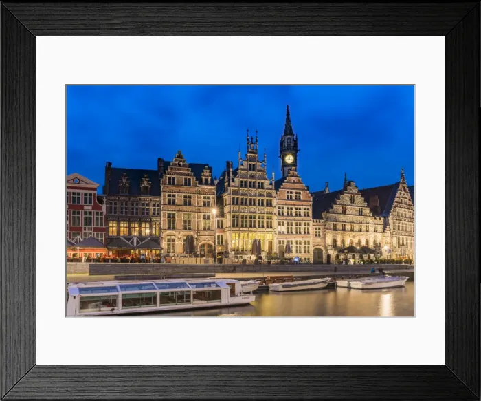 Framed Print : Belfry, houses and boats on Lys canal, Ghent, East Flanders province, Flemish region Framed Print : Belfry, houses and boats on Lys canal, Ghent, East Flanders province, Flemish region