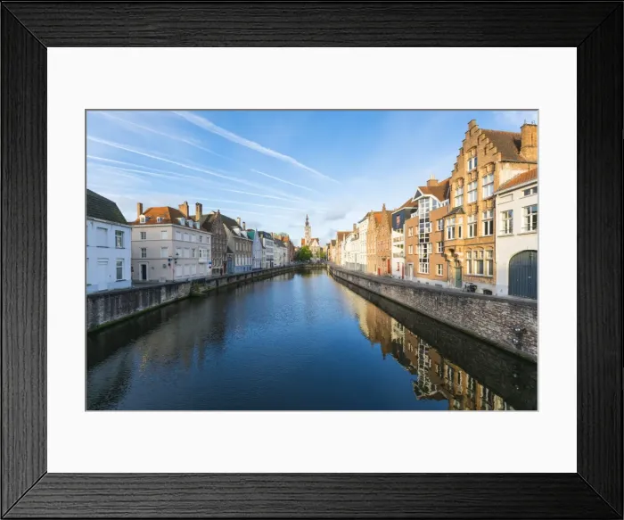 Framed Print : Houses and belfry on canal, Bruges, West Flanders province, Flemish region, Belgium