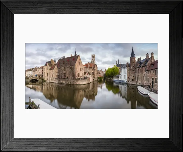 Framed Print : House reflections and boats on Dijver canal, Bruges, West Flanders province, Flemish region