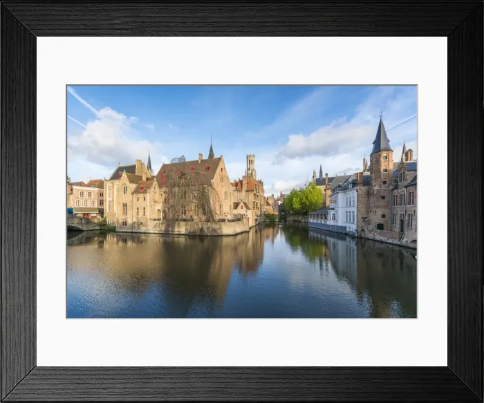 Framed Print : Houses and belfry reflected in the Dijver canal, Bruges, West Flanders province, Flemish region
