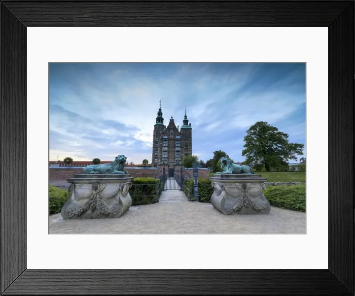 Framed Print : Sculptures of lions in front of Rosenborg Castle, Kongens Have, Copenhagen, Denmark Framed Print : Sculptures of lions in front of Rosenborg Castle, Kongens Have, Copenhagen, Denmark