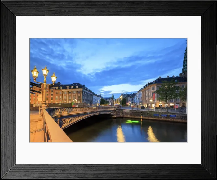 Framed Print : Hojbro Bridge and Plads between the adjoining Amagertorv and Slotsholmen Canal at night Framed Print : Hojbro Bridge and Plads between the adjoining Amagertorv and Slotsholmen Canal at night