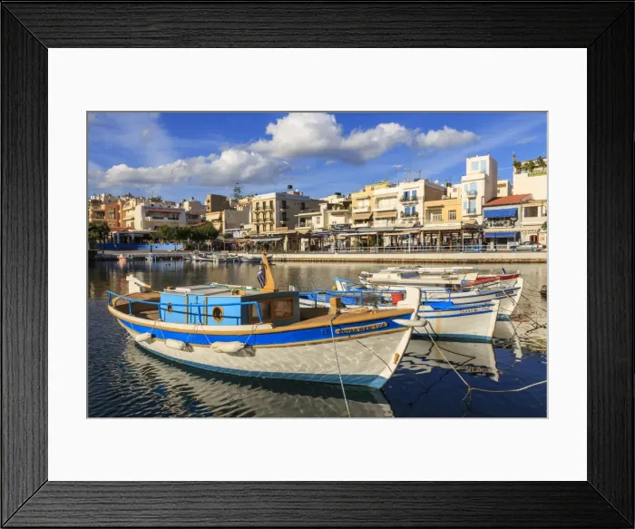 Framed Print : Small fishing boats reflected in Voulismeni Lake, Agios Nikolaos, Lasithi, Crete Framed Print : Small fishing boats reflected in Voulismeni Lake, Agios Nikolaos, Lasithi, Crete