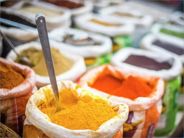 Spices for sale in Mapusa Spice Market, Goa, India, Asia