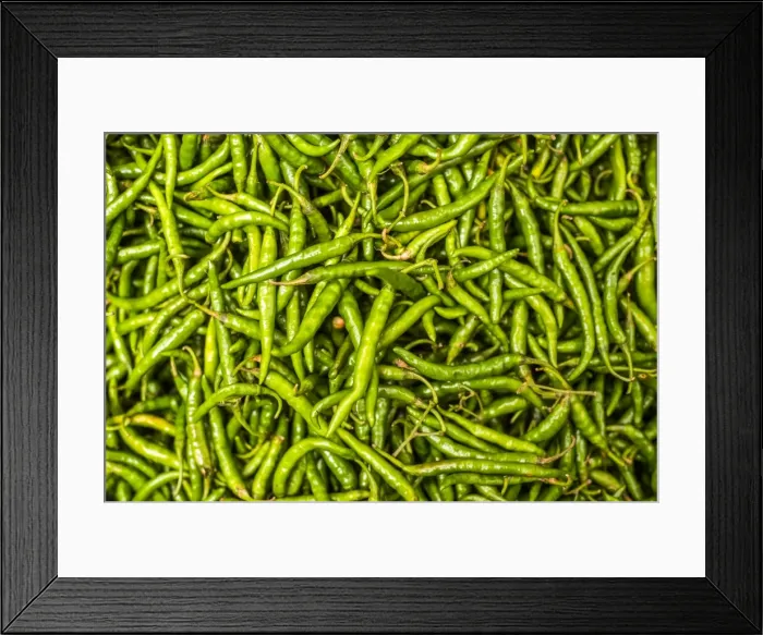 Framed Print : Green chillies for sale in Mapusa Market, Goa, India, Asia Framed Print : Green chillies for sale in Mapusa Market, Goa, India, Asia