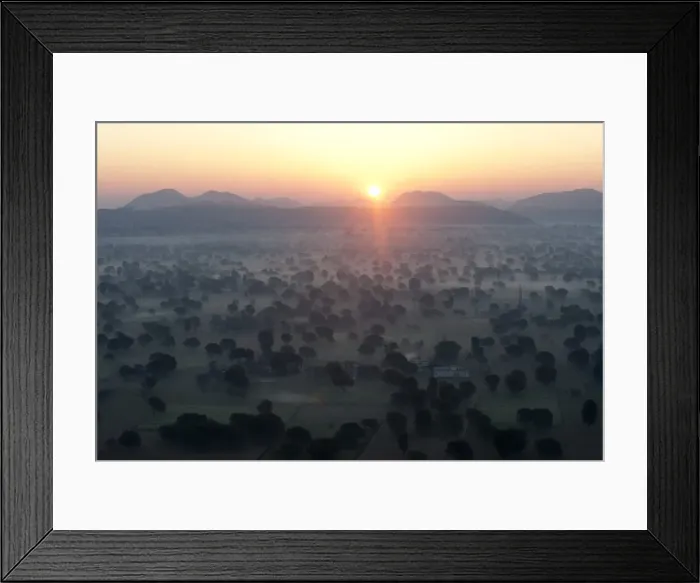 Framed Print : Sun rising over the hills and countryside surrounding Samode, from hot air balloon Framed Print : Sun rising over the hills and countryside surrounding Samode, from hot air balloon