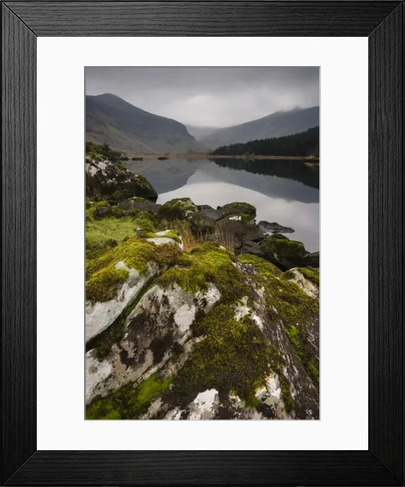 Framed Print : Moss covered rock, mountains and reflections in Cummeenduff Lake, Black Valley, Killarney Framed Print : Moss covered rock, mountains and reflections in Cummeenduff Lake, Black Valley, Killarney