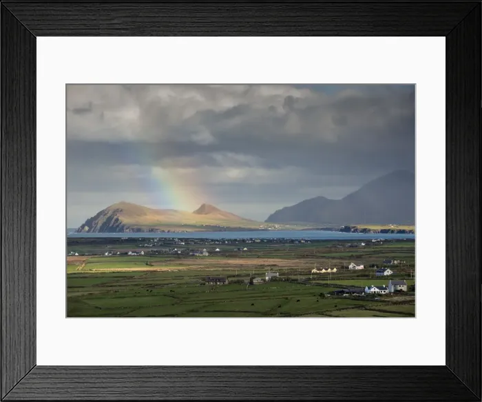 Framed Print : Rainbow over hills and dwellings, looking towards Clogher and Rosroe, Dingle Peninsula Framed Print : Rainbow over hills and dwellings, looking towards Clogher and Rosroe, Dingle Peninsula