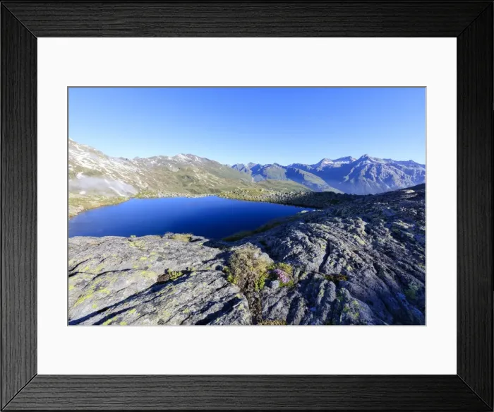 Framed Print : Lake Bergsee at sunrise, Chiavenna Valley, Spluga Valley, Spluga Pass, province of Sondrio