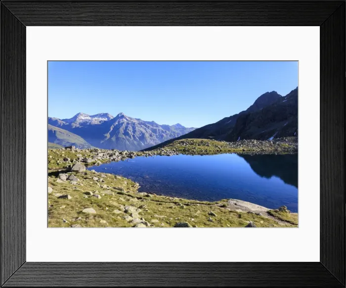 Framed Print : Lake Bergsee at sunrise, Chiavenna Valley, Spluga Valley, Spluga Pass, province of Sondrio Framed Print : Lake Bergsee at sunrise, Chiavenna Valley, Spluga Valley, Spluga Pass, province of Sondrio