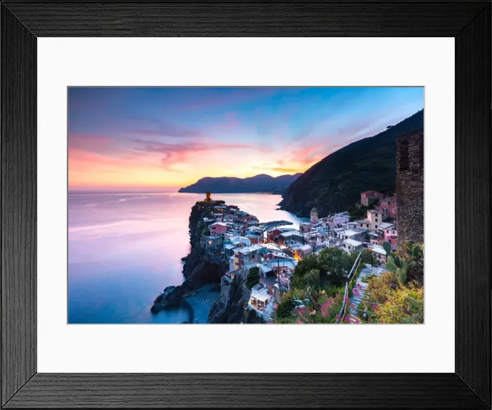 Framed Print : The remains of a stunning sunset over the old town and harbour of Vernazza, Cinque Terre Framed Print : The remains of a stunning sunset over the old town and harbour of Vernazza, Cinque Terre
