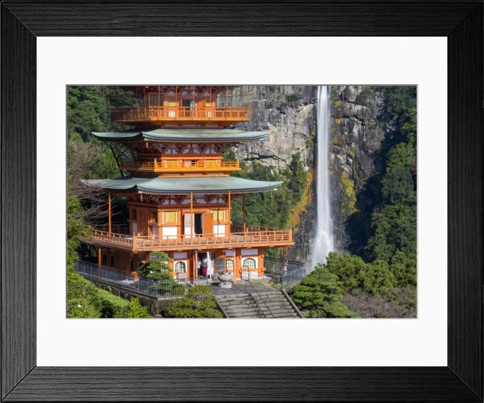 Framed Print : Nachisan Seiganto-ji pagoda at Kumano Nachi Shrine with Nachi Falls in the background Framed Print : Nachisan Seiganto-ji pagoda at Kumano Nachi Shrine with Nachi Falls in the background